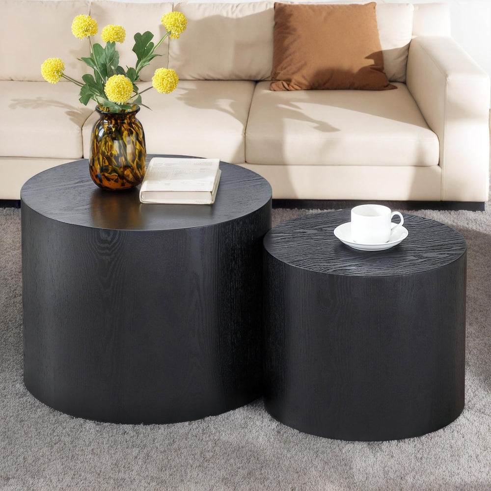 Wood Nesting Coffee Table Set of 2, Modern Round Coffee Table with Non-Slip F...