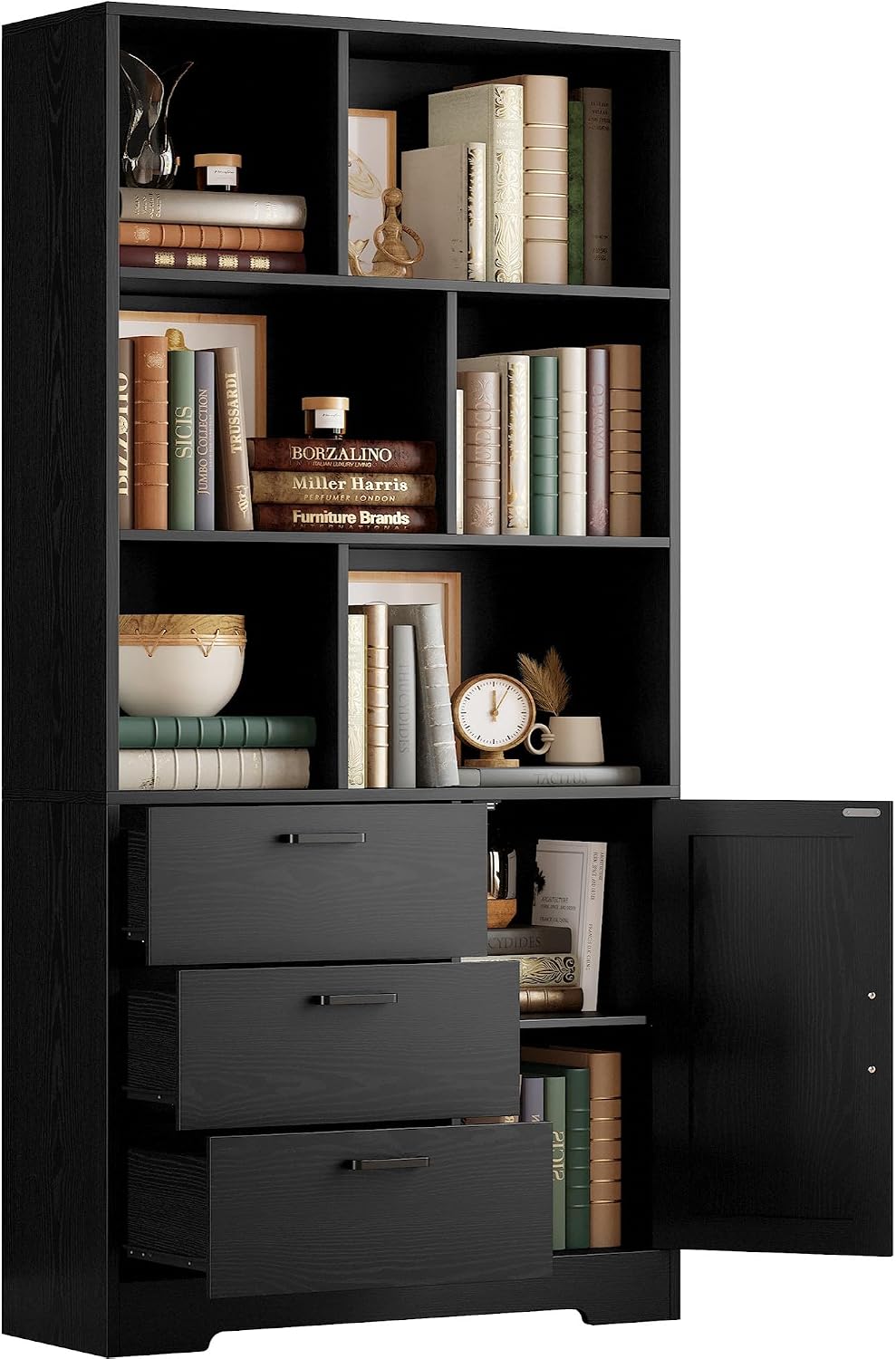 IRONCK 70.9-Inch Bookcase with Doors and 3 Drawers, Black
