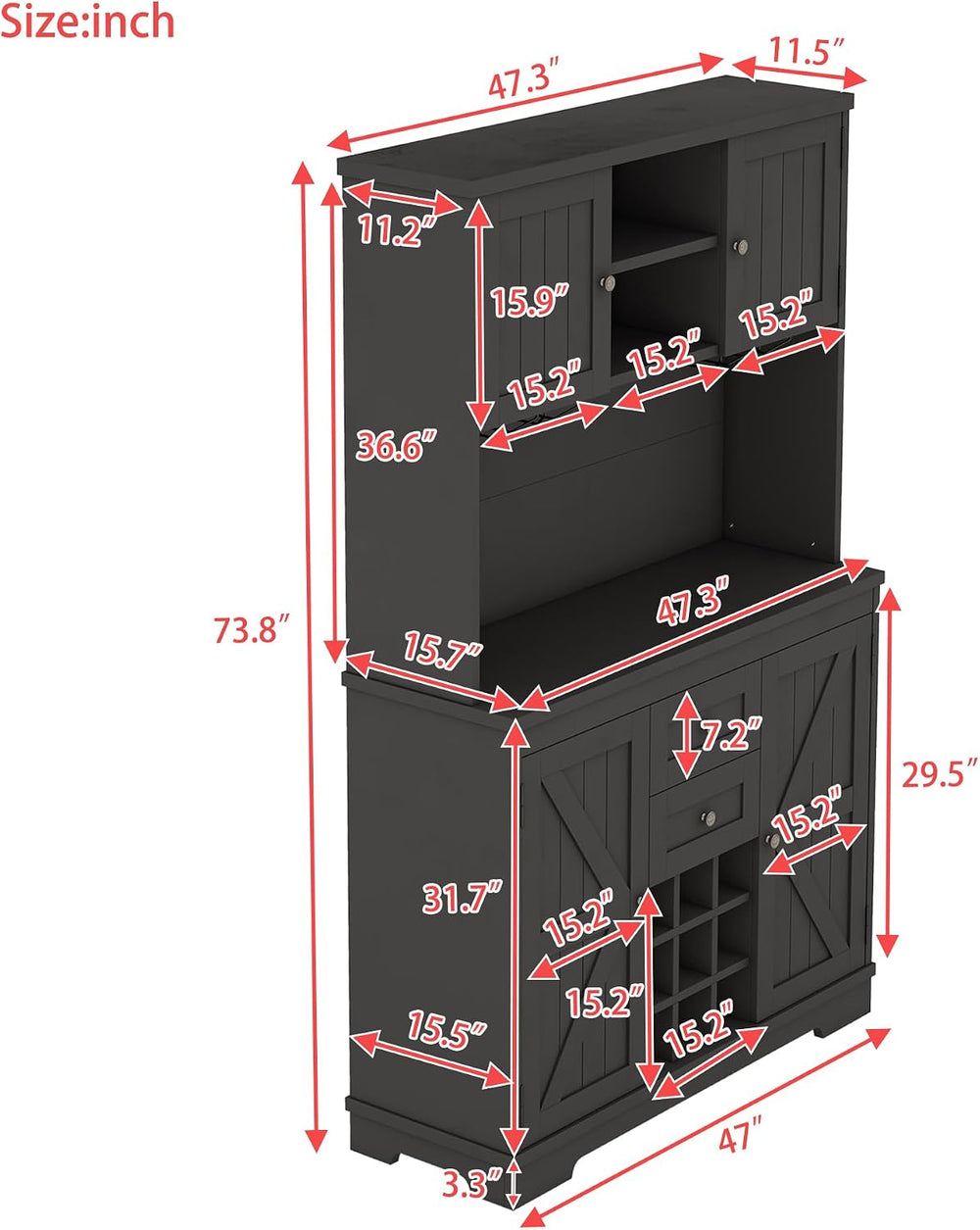 Farmhouse Kitchen Buffet Cabinet with Storage, Black Food Pantry Organizer wi...