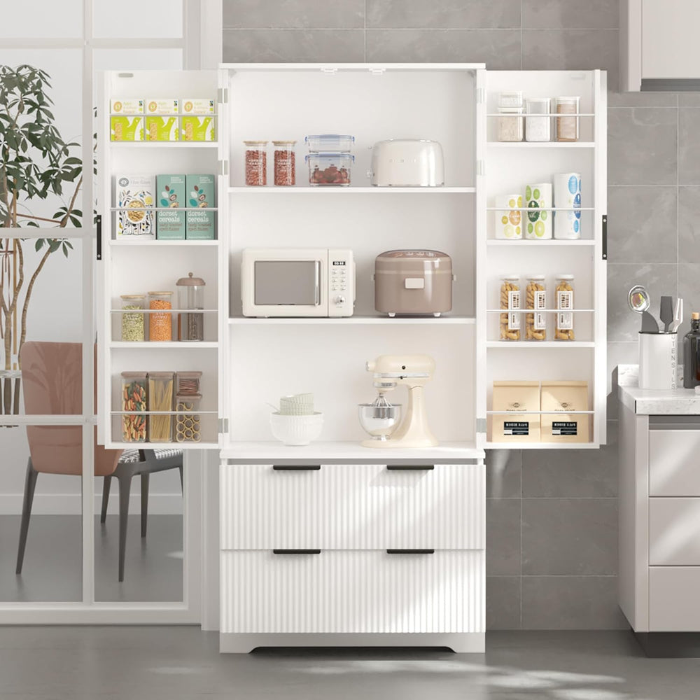 Polibi 72" Freestanding Fluted Kitchen Pantry Cabinet with 2 Large Drawe...