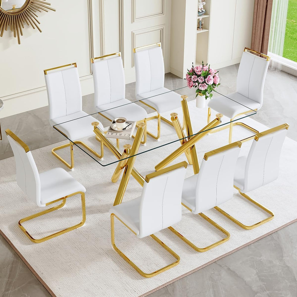 AZmac Modern Dining Table Set for 8 with Gold Metal Frame, 9-Piece Glass Dini...