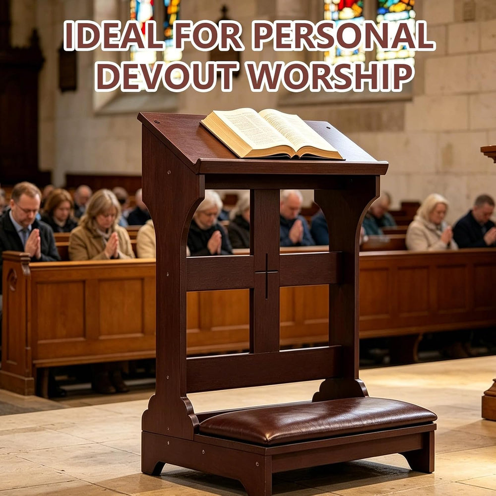 Prayer Kneeler with Built-in Tabletop – Solid Wood Prayer Bench, Faux Leather...