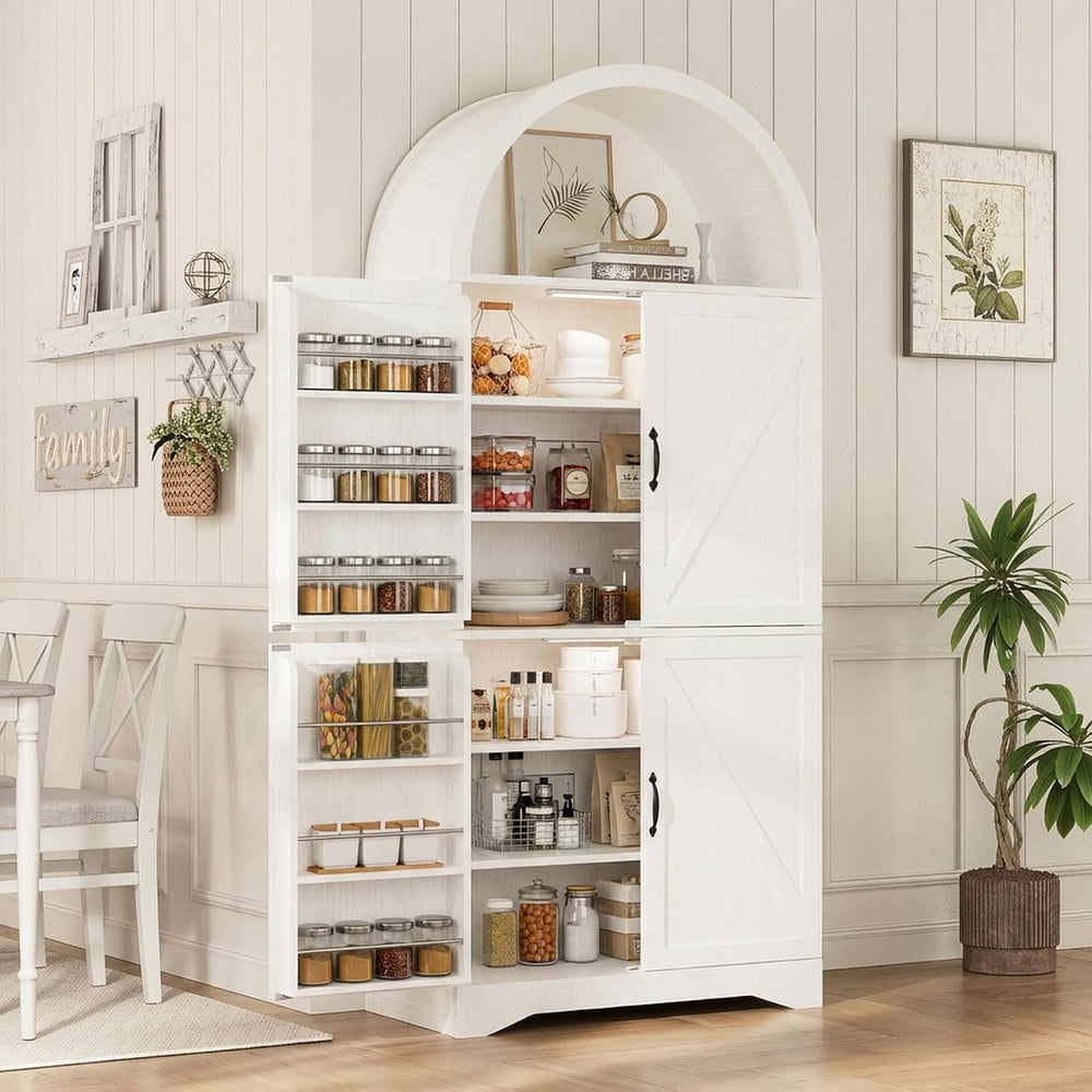 70" Tall Arched Pantry Cabinet, Kitchen Cupboard with Barn Doors, Adjust...
