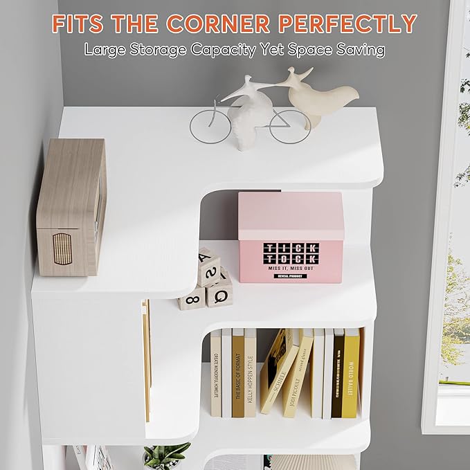 LITTLE TREE Corner Bookshelf, 64.9 Inch Tall Bookcase with Anti-Drop Panel, M...