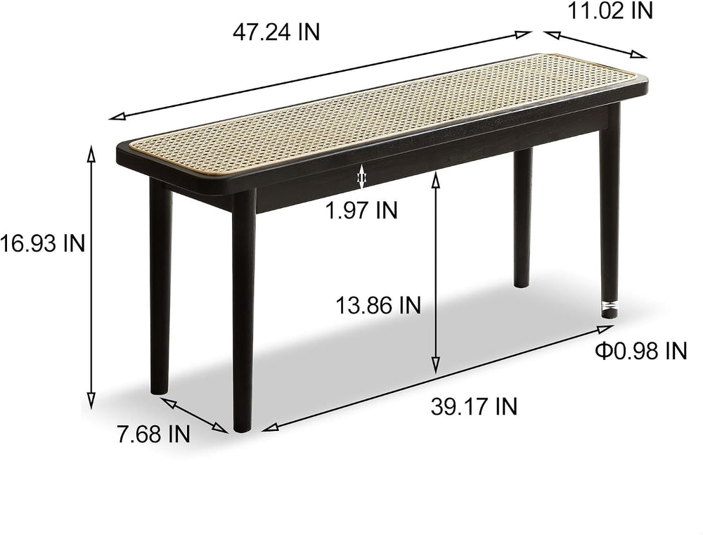 47.24" Modern Oak Wood Dining Bench with Woven Rattan Seat Solid Wood En...