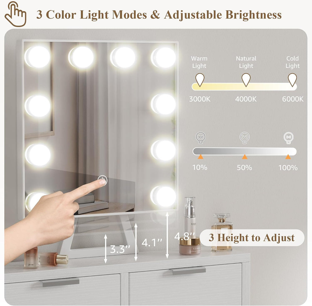 BOLUO White Makeup Vanity Desk with Hollywood Mirror and Lights, Girls Compac...