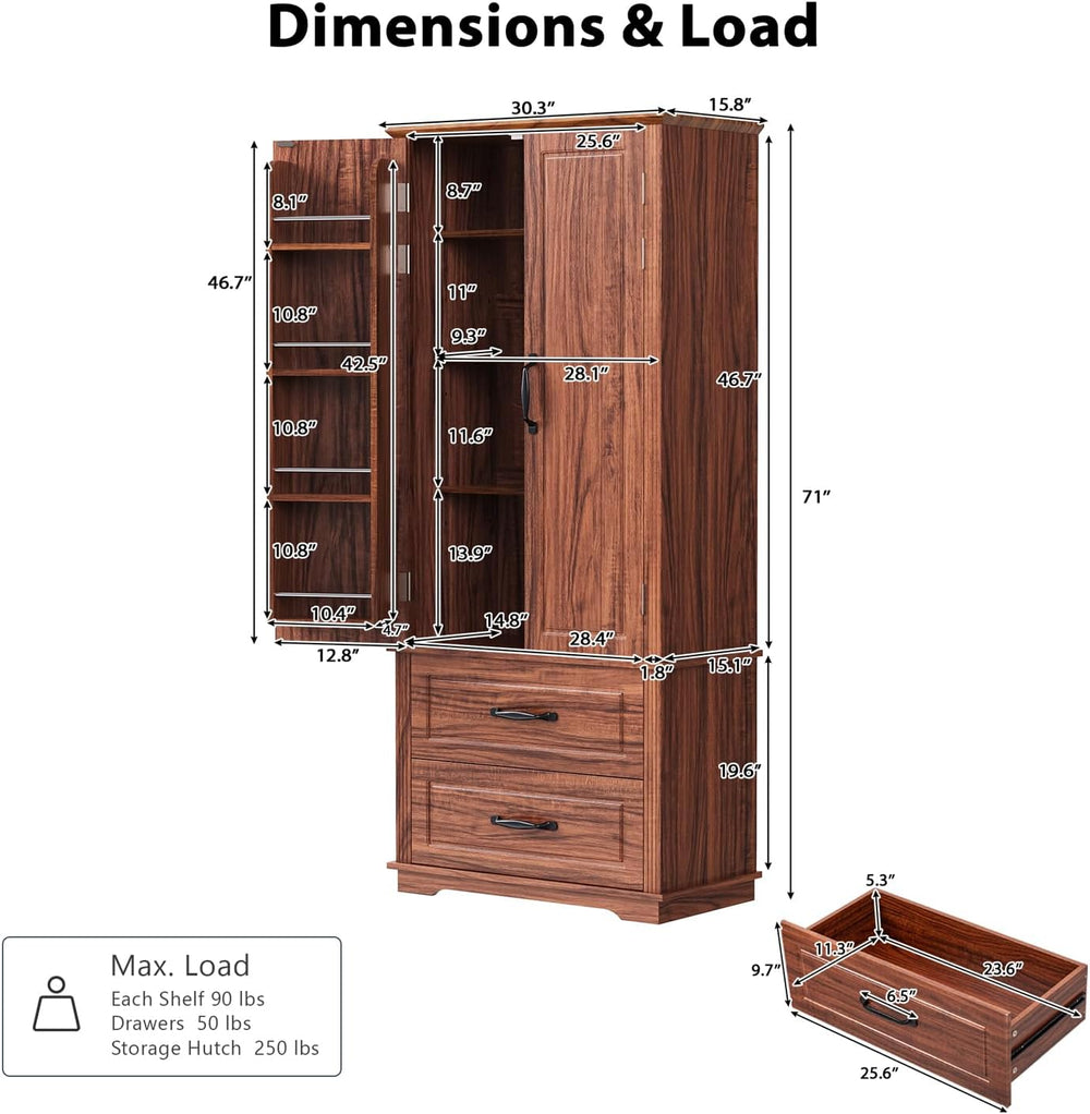 71" Farmhouse Kitchen Pantry Cabinet with 2 Large Drawers,Wood Freestand...