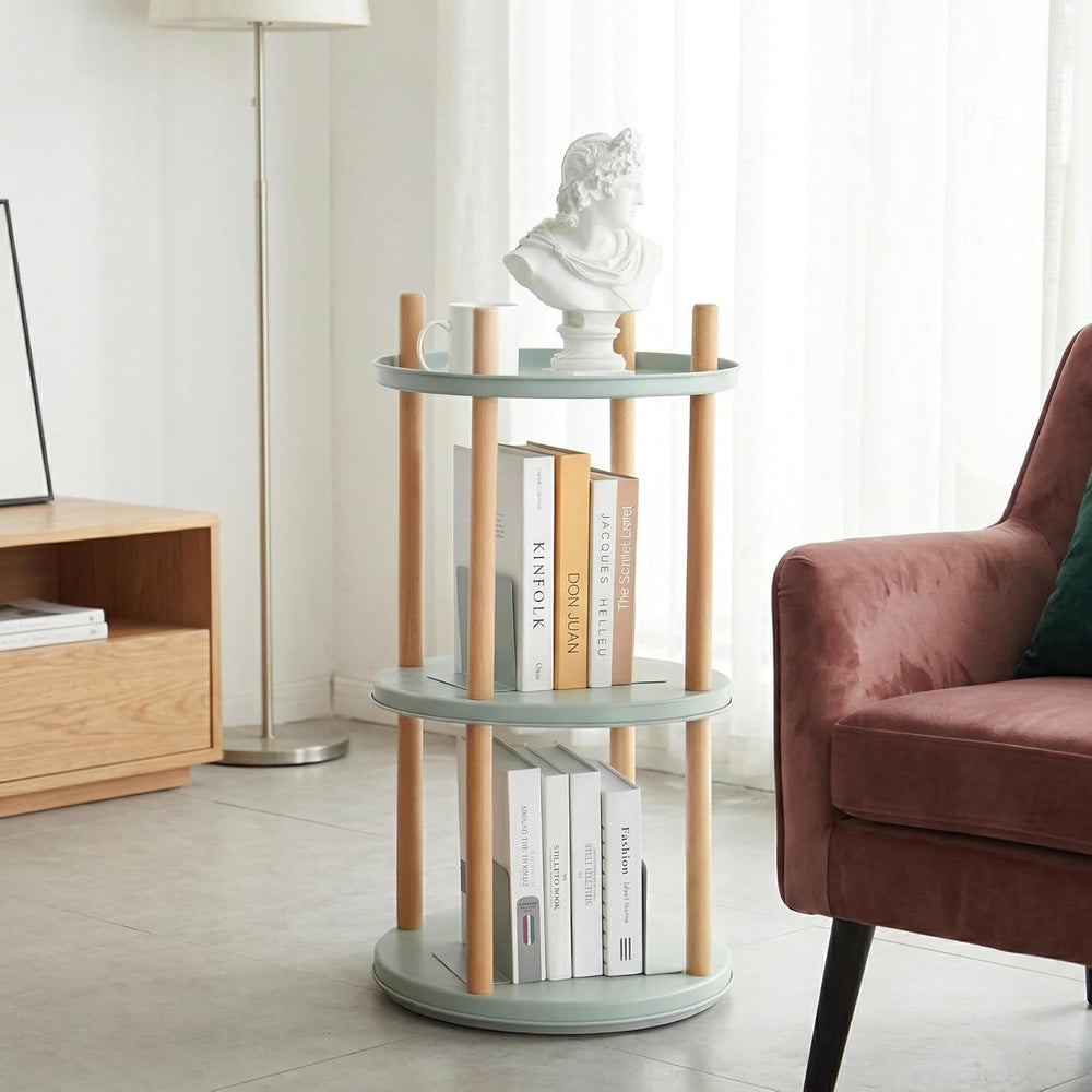 3-Tier Rotating Side Table, Round End Table with Storage Basket & Bookend...