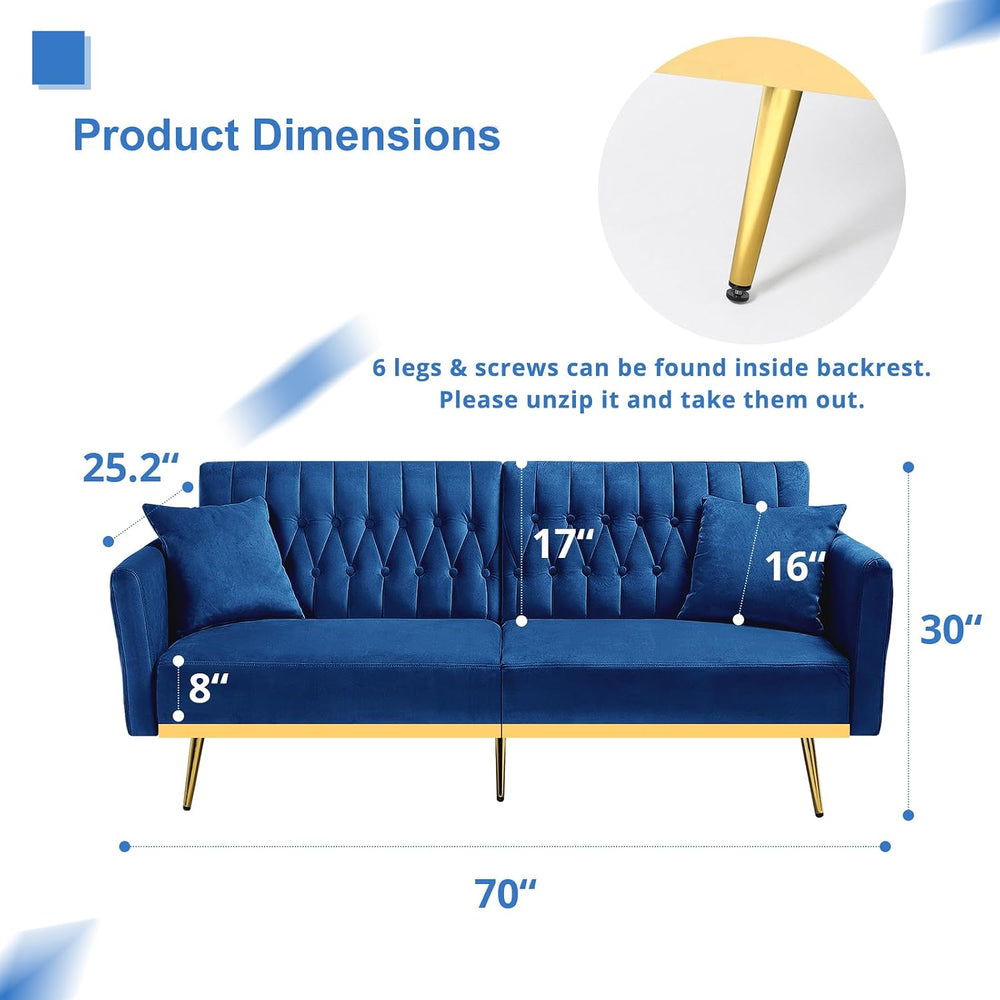 2 Pieces Velvet Sofa Set with Adjustable Armrest and Backrests, Blue | 70” Co...