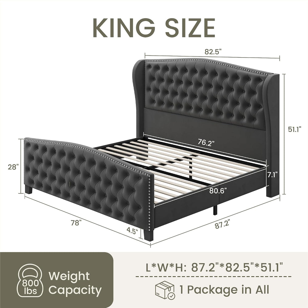 LARMACE King Size Bed Frame Velvet Upholstered Platform Bed with Wingback Hea...