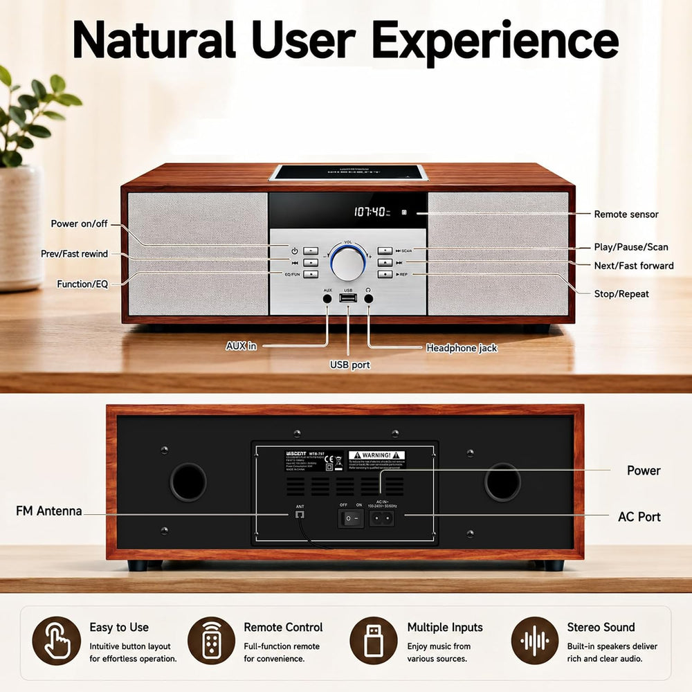 Nostalgic Bluetooth Stereo System for Home, WISCENT Vintage Micro HiFi System...
