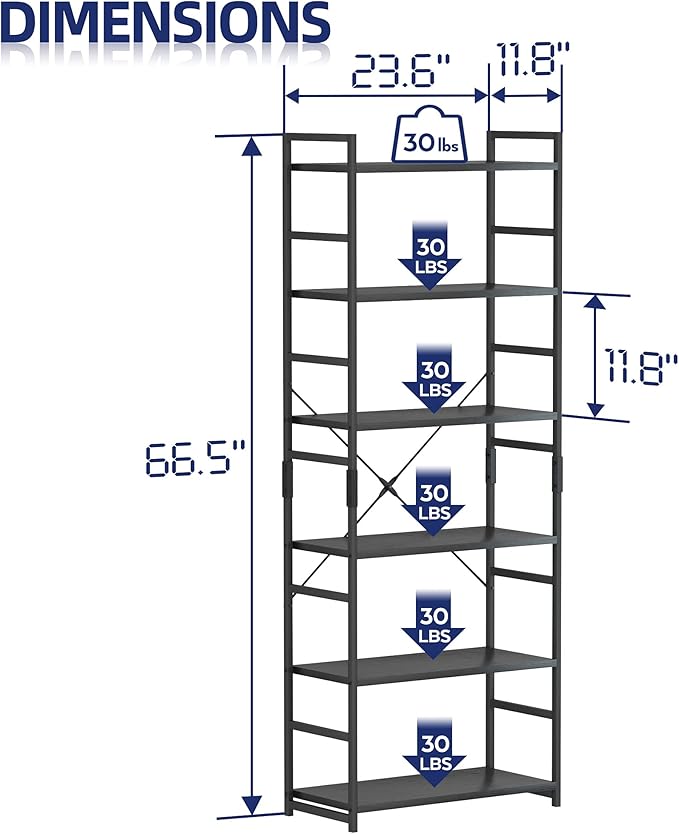 NUMENN 6 Tier Bookshelf, Tall Bookcase Shelf Storage Organizer, Modern Book S...