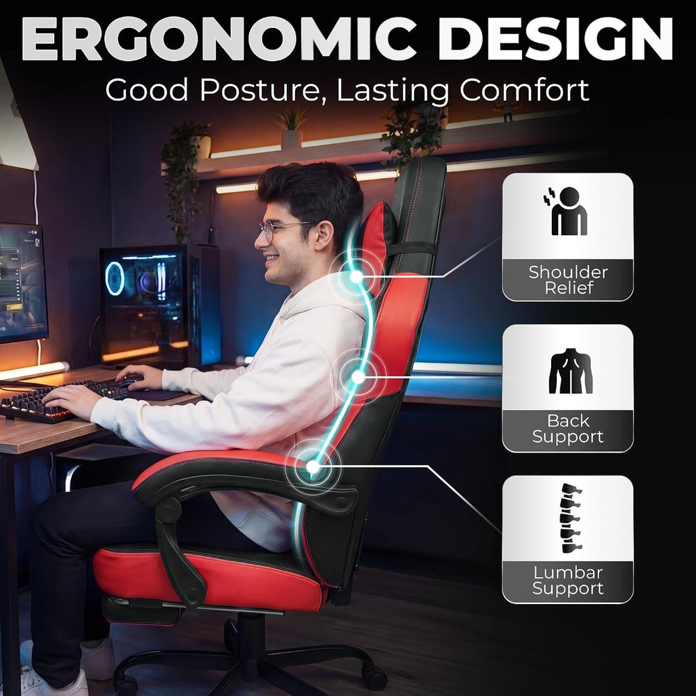 N-GEN GAMING Big & Tall Gaming Chair with Footrest, Lumbar Support, Red |...