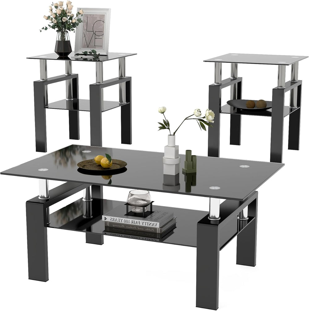 IANIYA Modern Tempered Glass Coffee Table Set - 3 Piece Living Room Table Set...