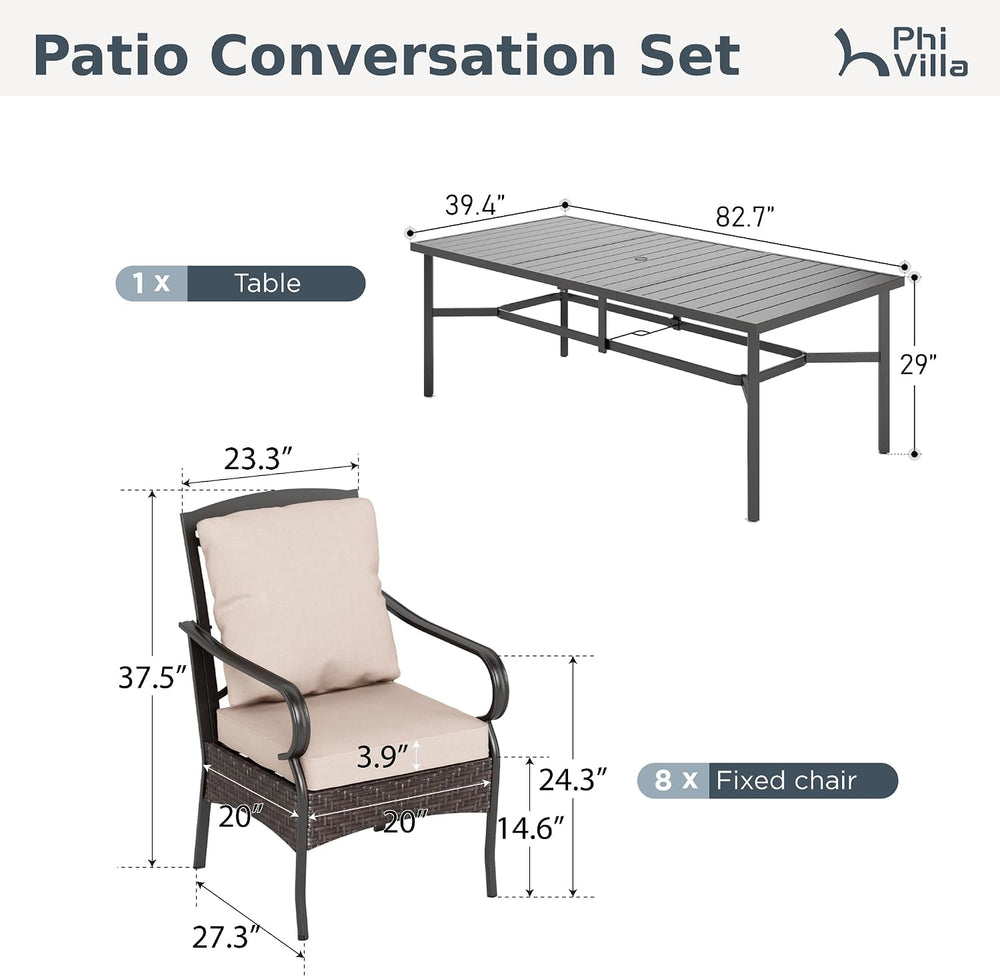 PHI VILLA 9pc Outdoor Dining Set, 83" Rectangular Table, Wicker Chairs