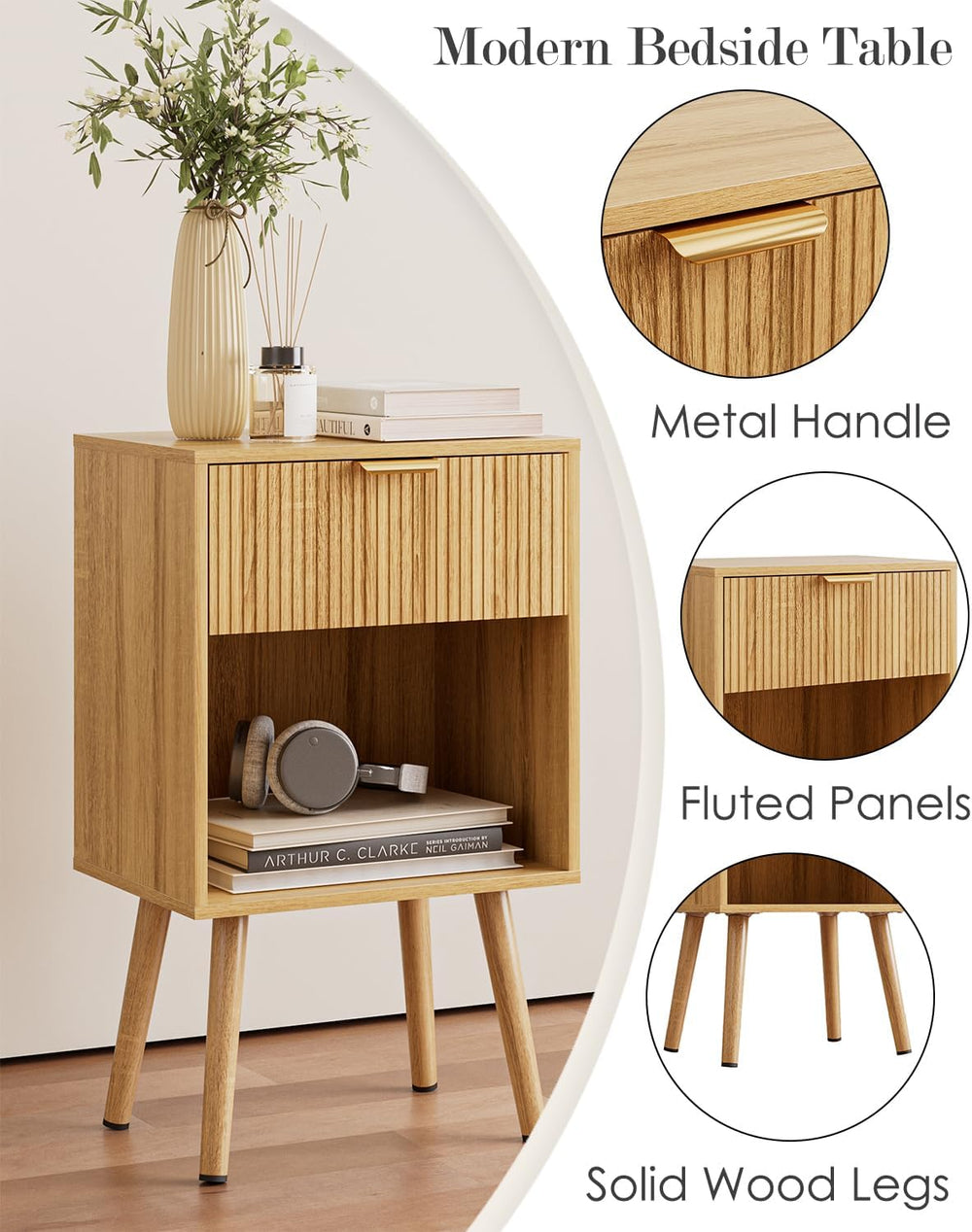 Oak Fluted Nightstand, Modern Bedside Table with Storage Drawer, Wood Night S...