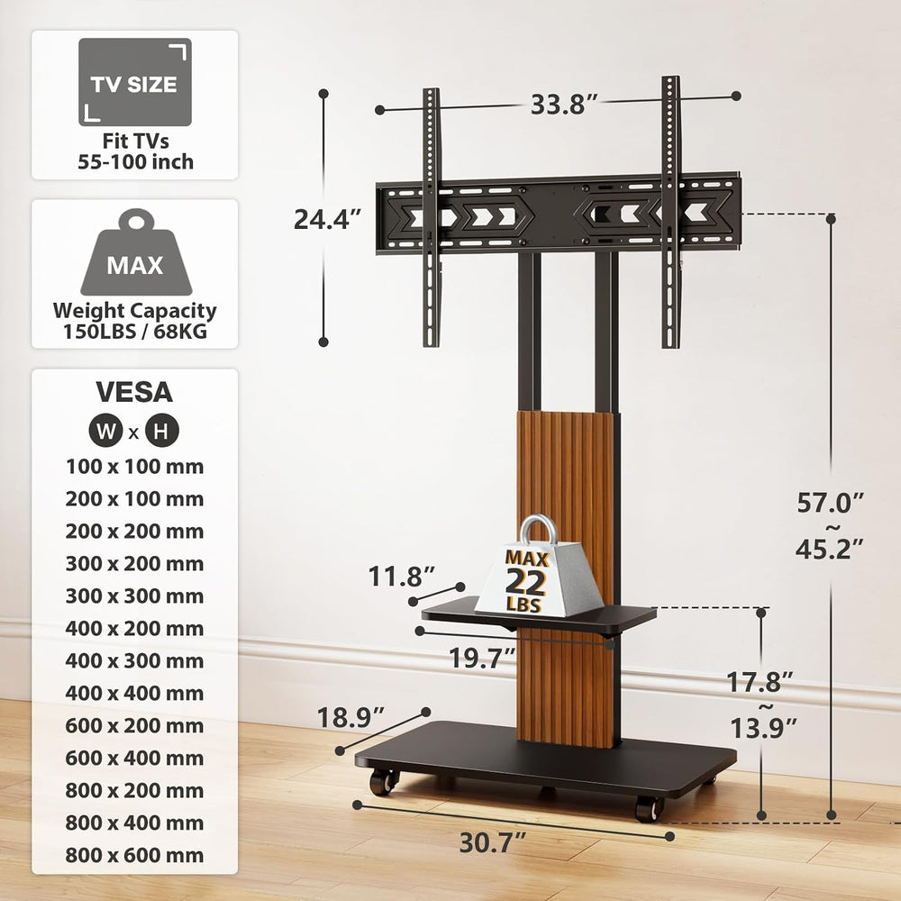 TVON Heavy Duty Rolling TV Stand for 55-100 inch Large Screens | Supports up ...
