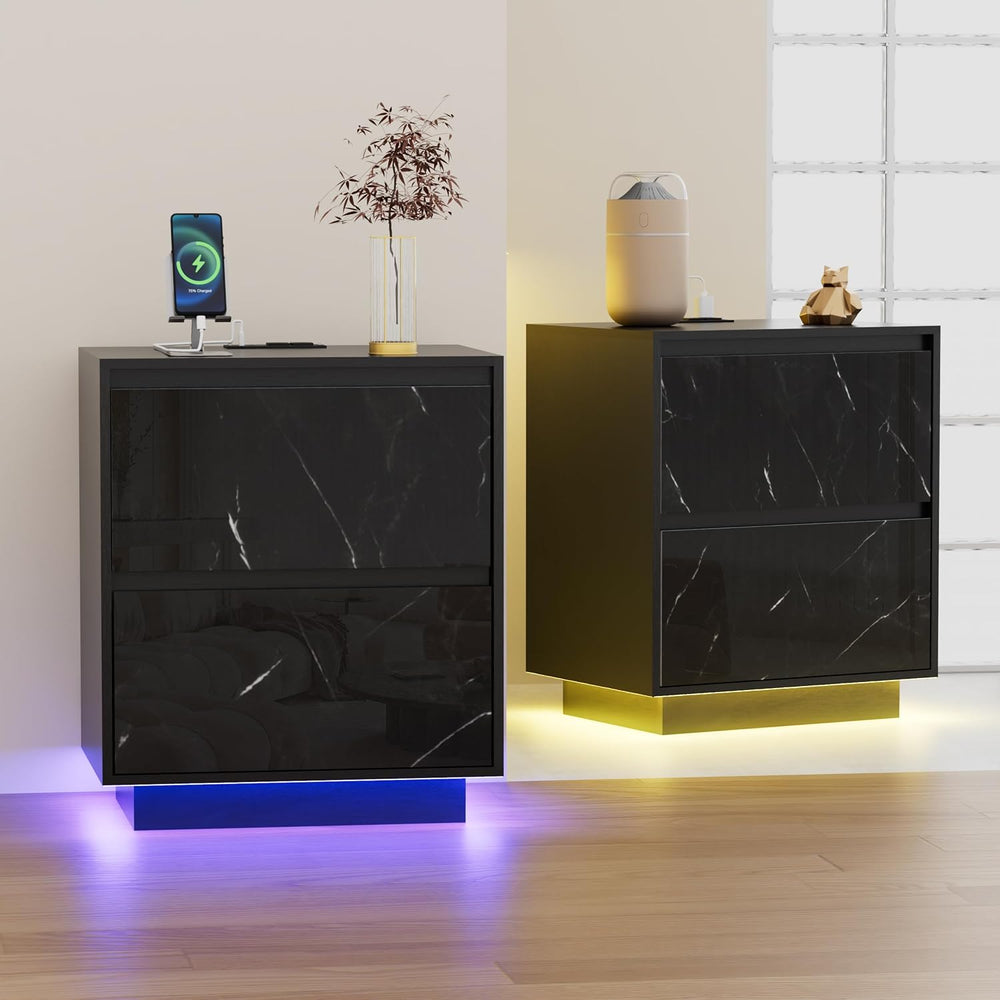 Anbuy LED Nightstand with 2 Drawers & Power Outlets, Nightstand Set of 2 ...