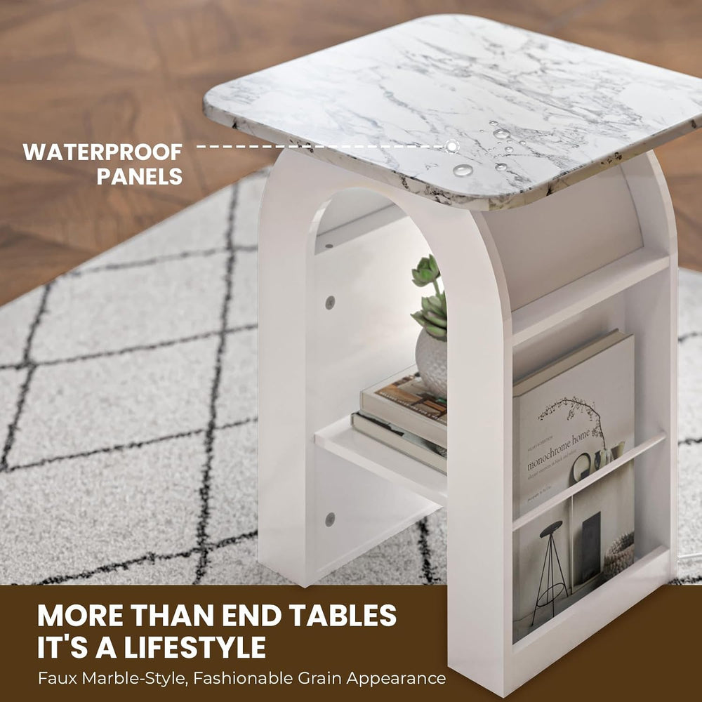 FIMELLO 19" End Table Set of 2 with Marble Top, Modern Arched Night Stan...
