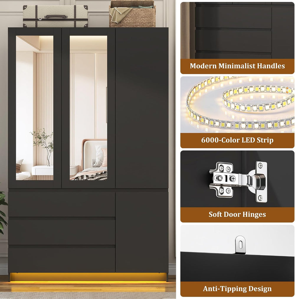 75"H Tall Modern 3 Doors Wooden Armoire Wardrobe Closet with 3 Drawers &...