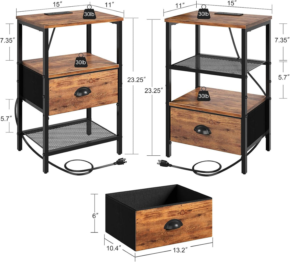 sthmec Nightstands Set of 2, Night Stands with Charging Station and Fabric Dr...