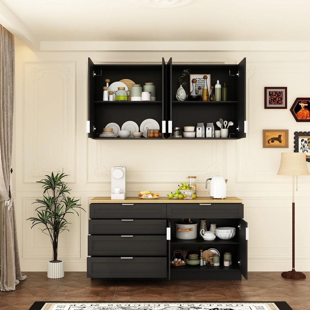 Kitchen Cabinet Set with 5 Drawers and Shelves, Wall-Mounted Pantry Cabinet S...