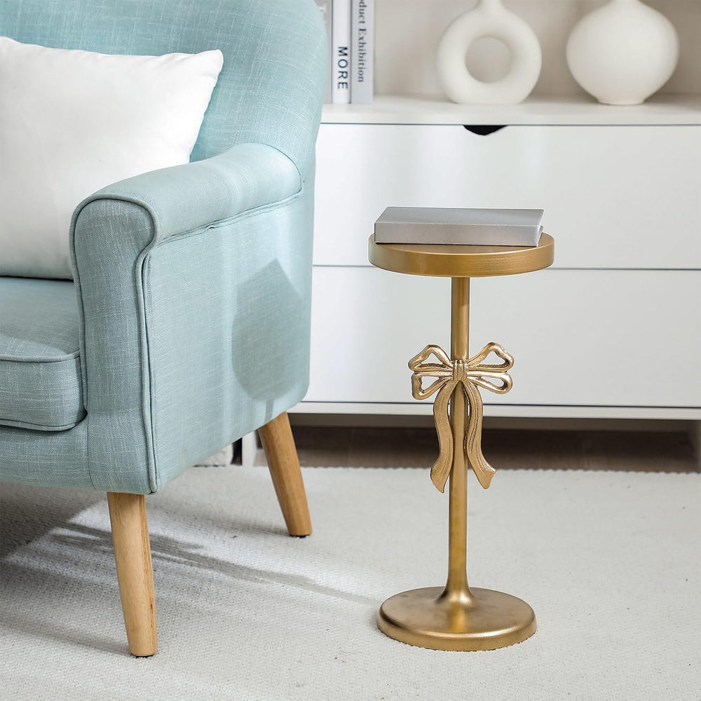 DoubleFill Gold Metal Martini Drink Table 9''x19.5'' Bow Pede...
