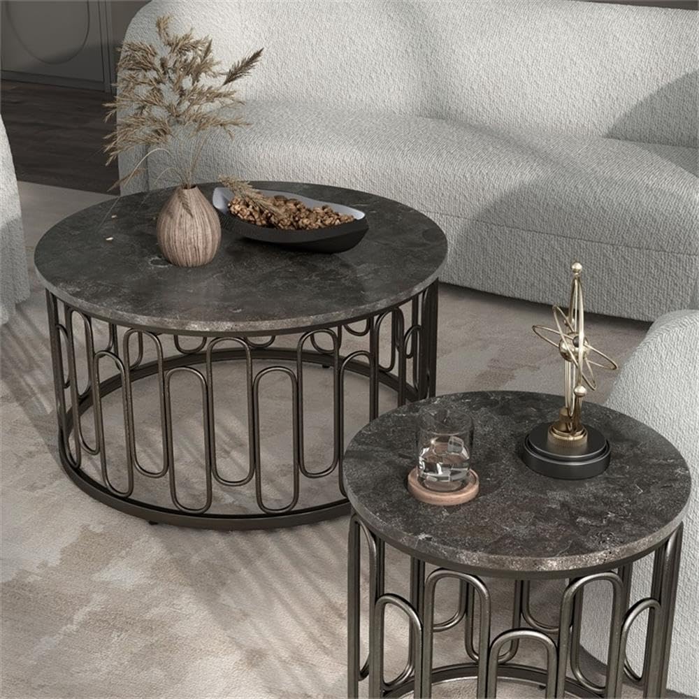 BOWERY HILL 3-Piece Marble and Metal Coffee Table Set in Black Finish, Includ...