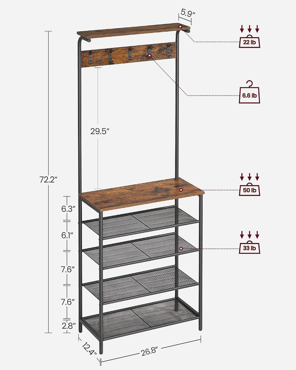VASAGLE Hall Tree with Shoe Bench, 5-Tier Shoe Rack, 5 Dual Hooks