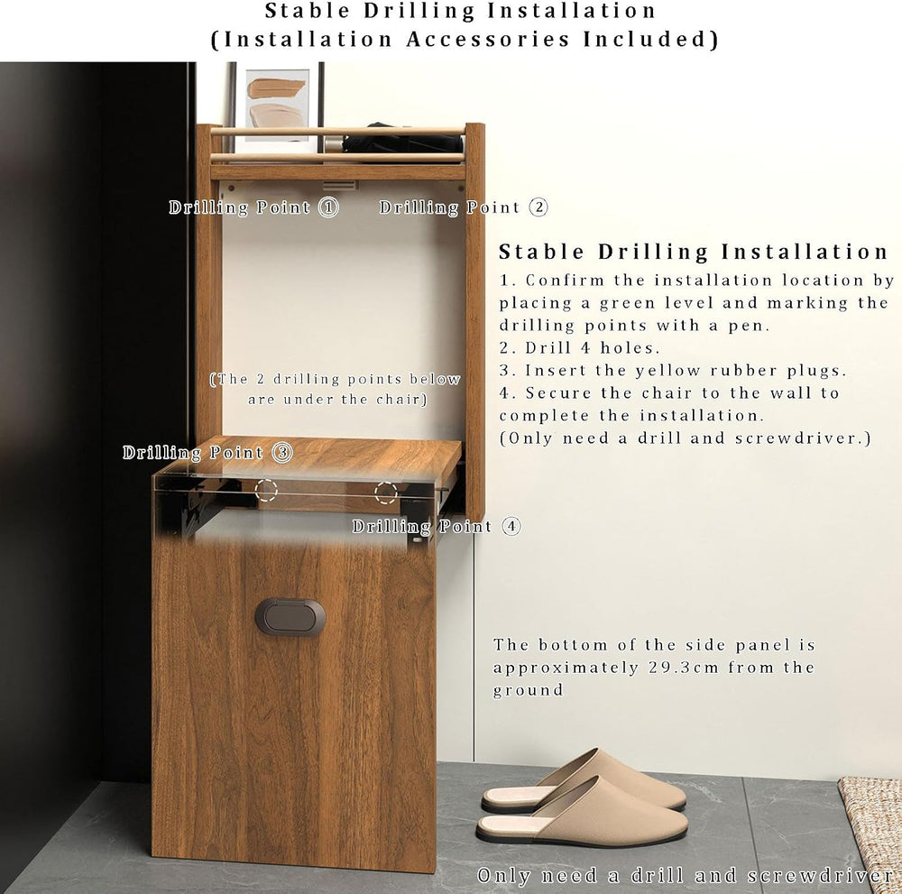 Wall Mounted Folding Shoe Changing Stool, Foldable Bathroom Seating Space Sav...