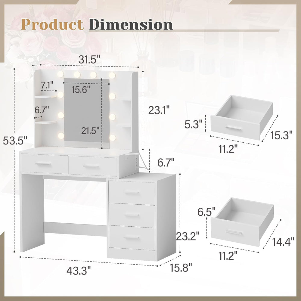 YESHOMY Makeup Vanity Desk with Mirror & Lights, Vanity Table with 5 Draw...