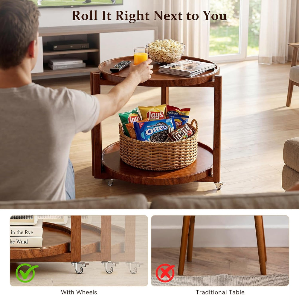 Taitiy Rolling Side Table with Wheels Solid Wood Round End Table with Storage...