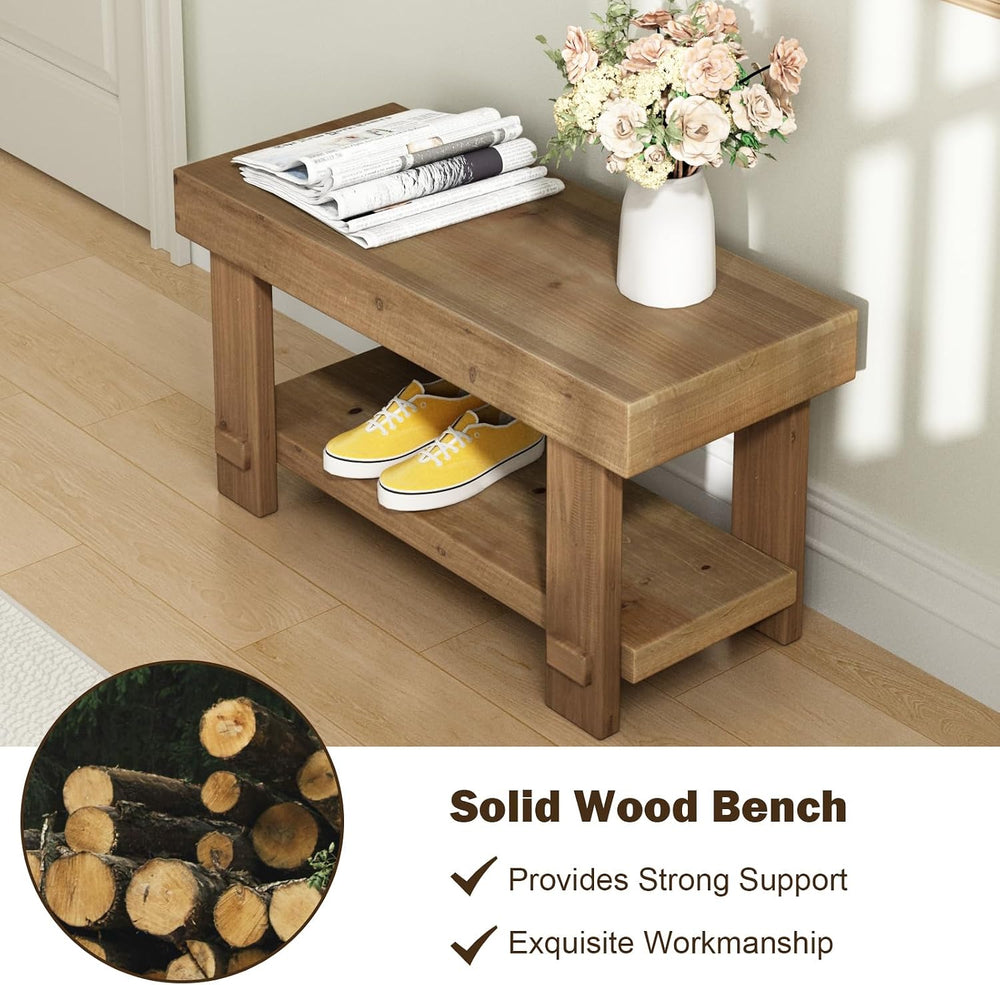 31.5" Solid Wood Bench, Small Farmhouse Narrow Storage Bench, Natural | ...
