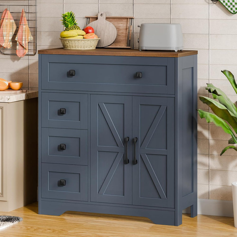 Vabches Farmhouse Storage Cabinet with 2 Doors and 4 Drawers, Blue