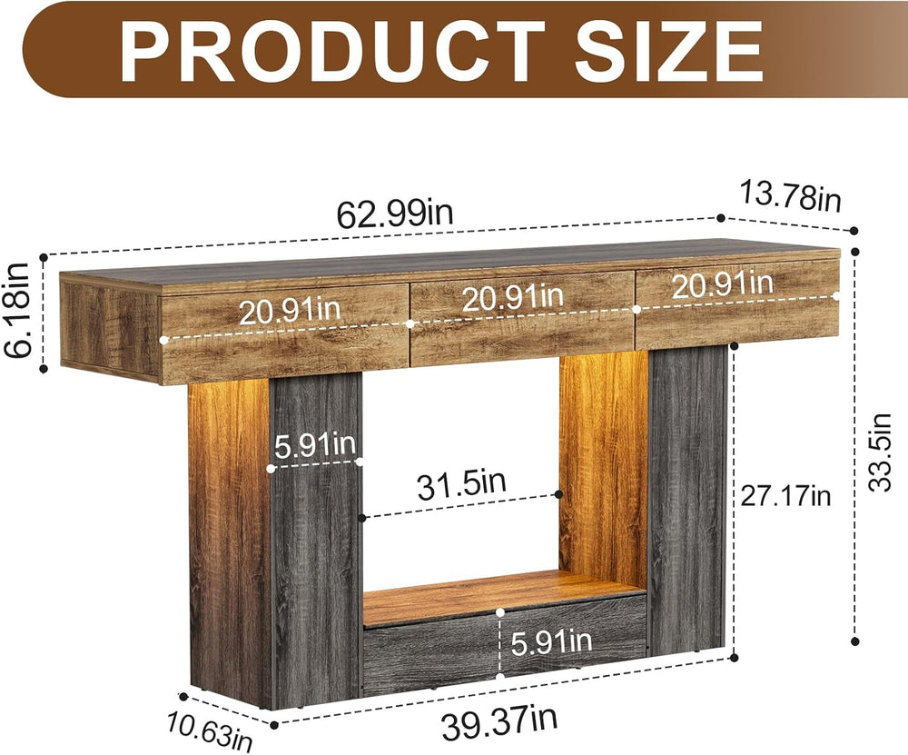 PAKASEPT 63'' Farmhouse Entryway Table with 3 Drawers & LED Light...