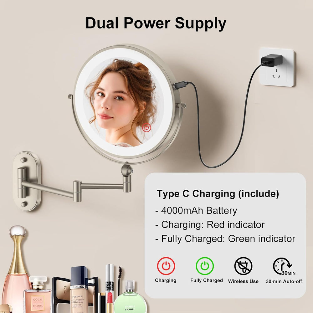 IMIKONA 9" Wall Mounted Lighted Makeup Mirror,4000mAh Rechargeable Doubl...