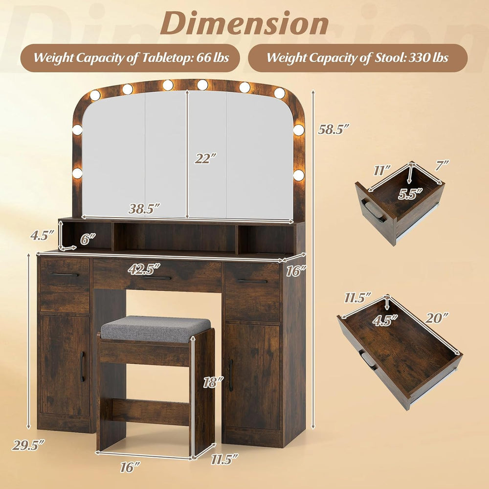 CHARMAID Large Vanity Desk with Arched Mirror and Lights, Vintage Makeup Vani...