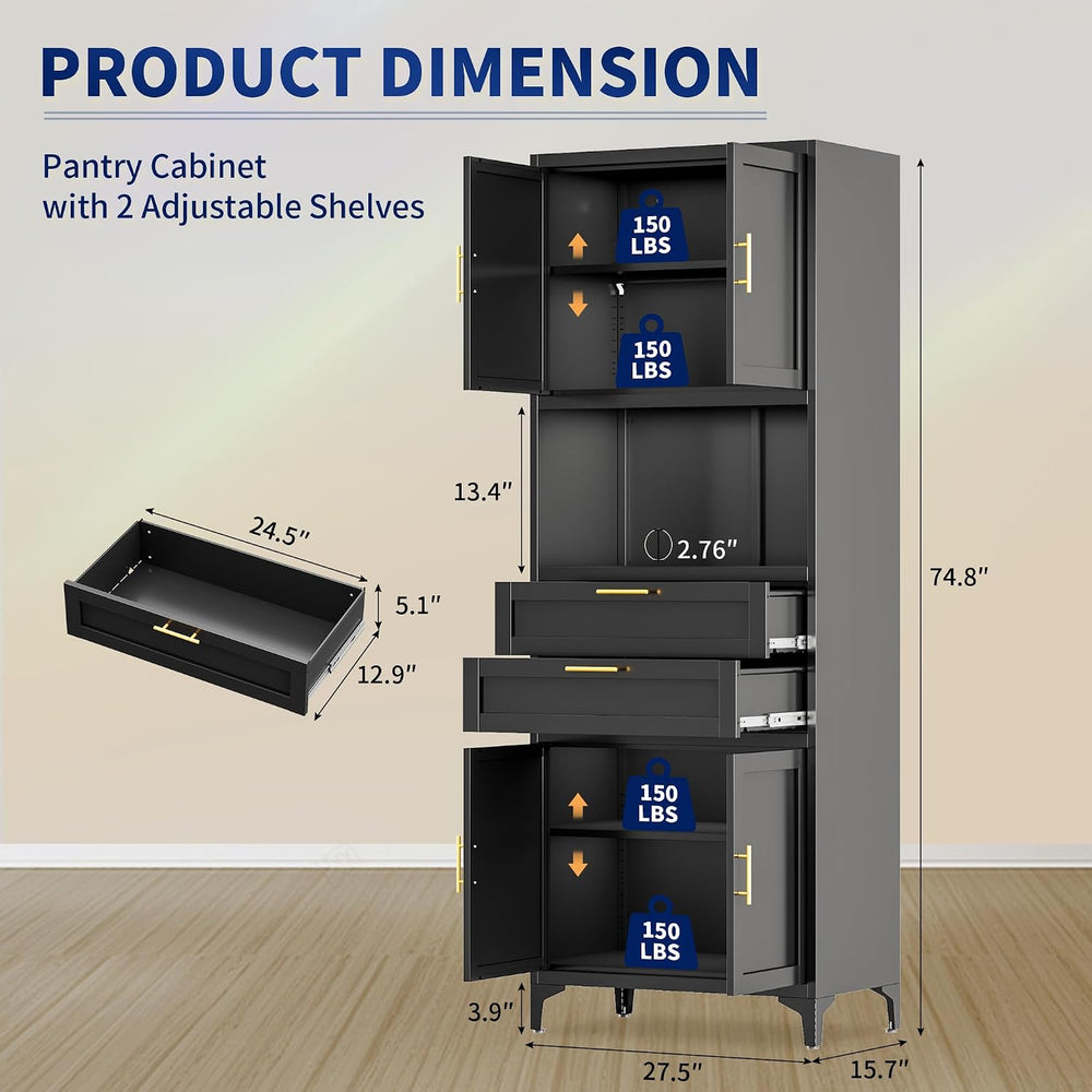 75” Tall Kitchen Pantry Storage Cabinet, Metal Storage Cabinet with 2 Drawers...