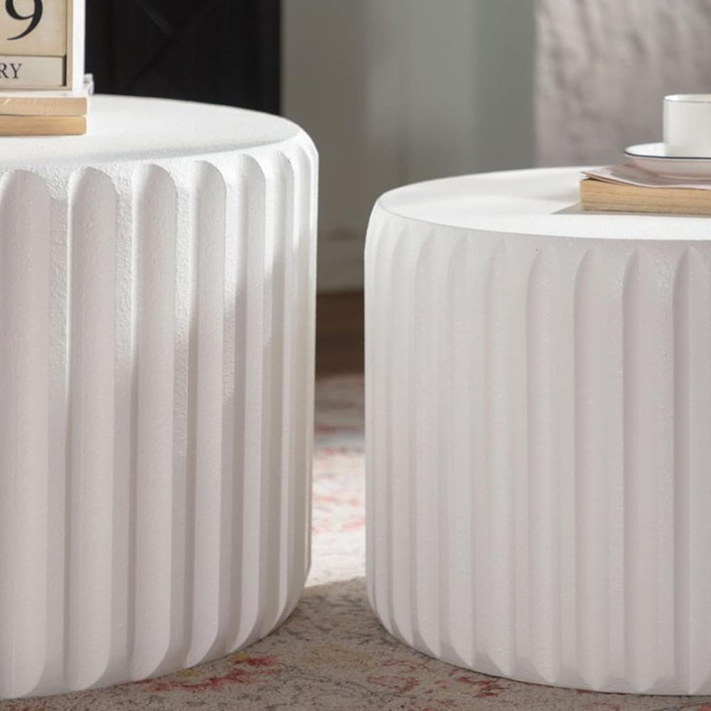 White Round Nesting Coffee Table Set of 2, Drum Side Table, Scalloped End Tab...