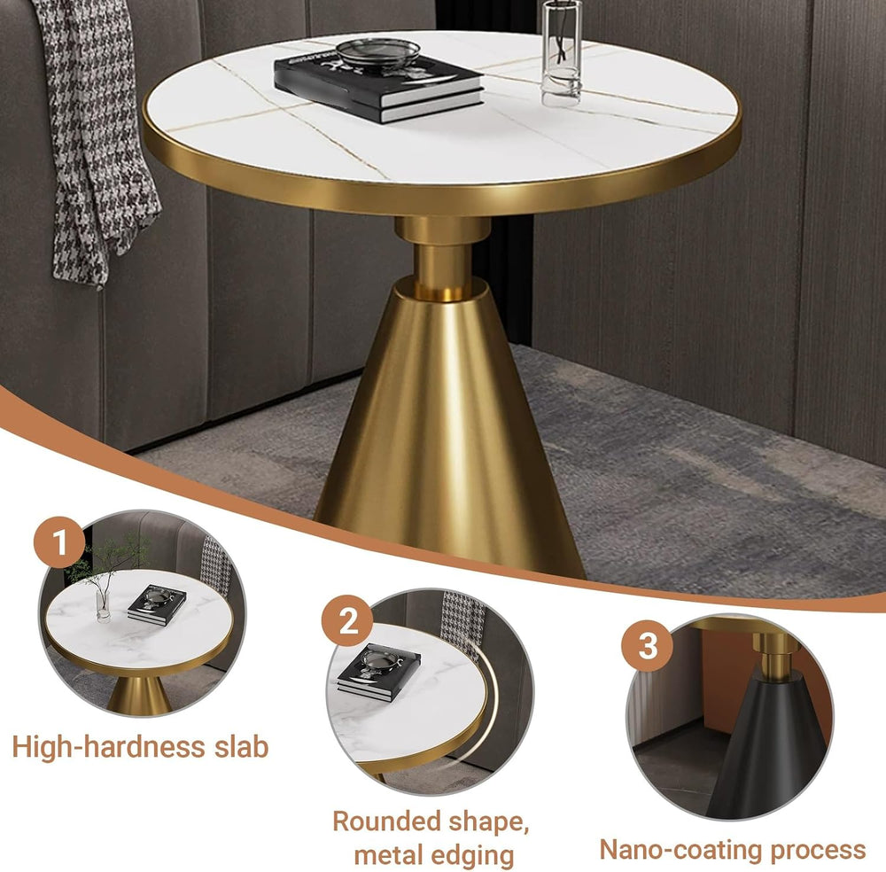 Modern Small Round Side Table with Rock Slab, Luxury Faux Marble Sofa End Tab...