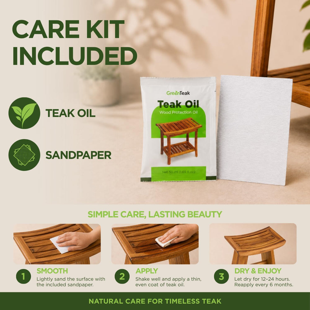 Premium 18" Teak Shower Stool, Non-Slip Safety, 1-Tier Curved