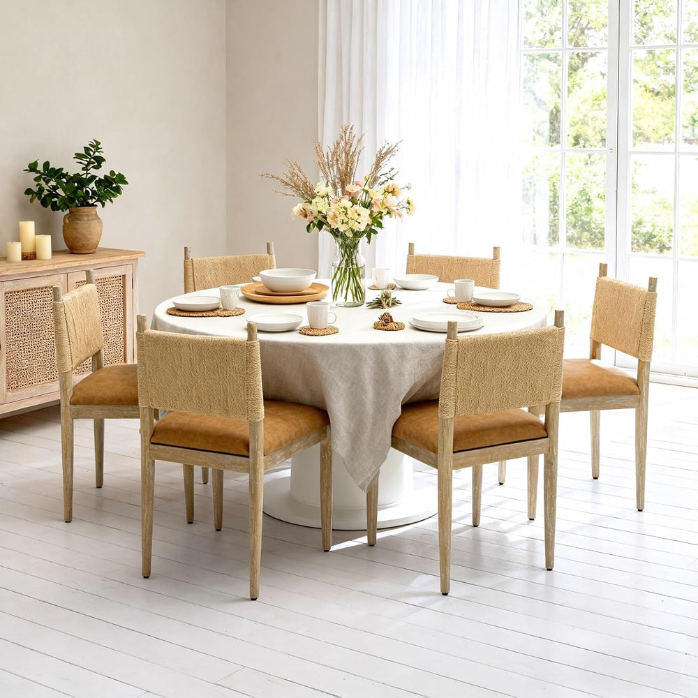 chairus Modern Coastal Woven Dining Chairs Set of 4, Brown Faux Leather
