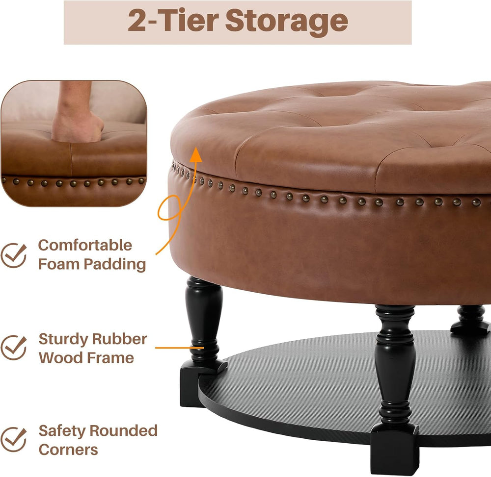 31.5 Inch Large Round Storage Ottoman with Wood Shelf Multifunctional Coffee ...