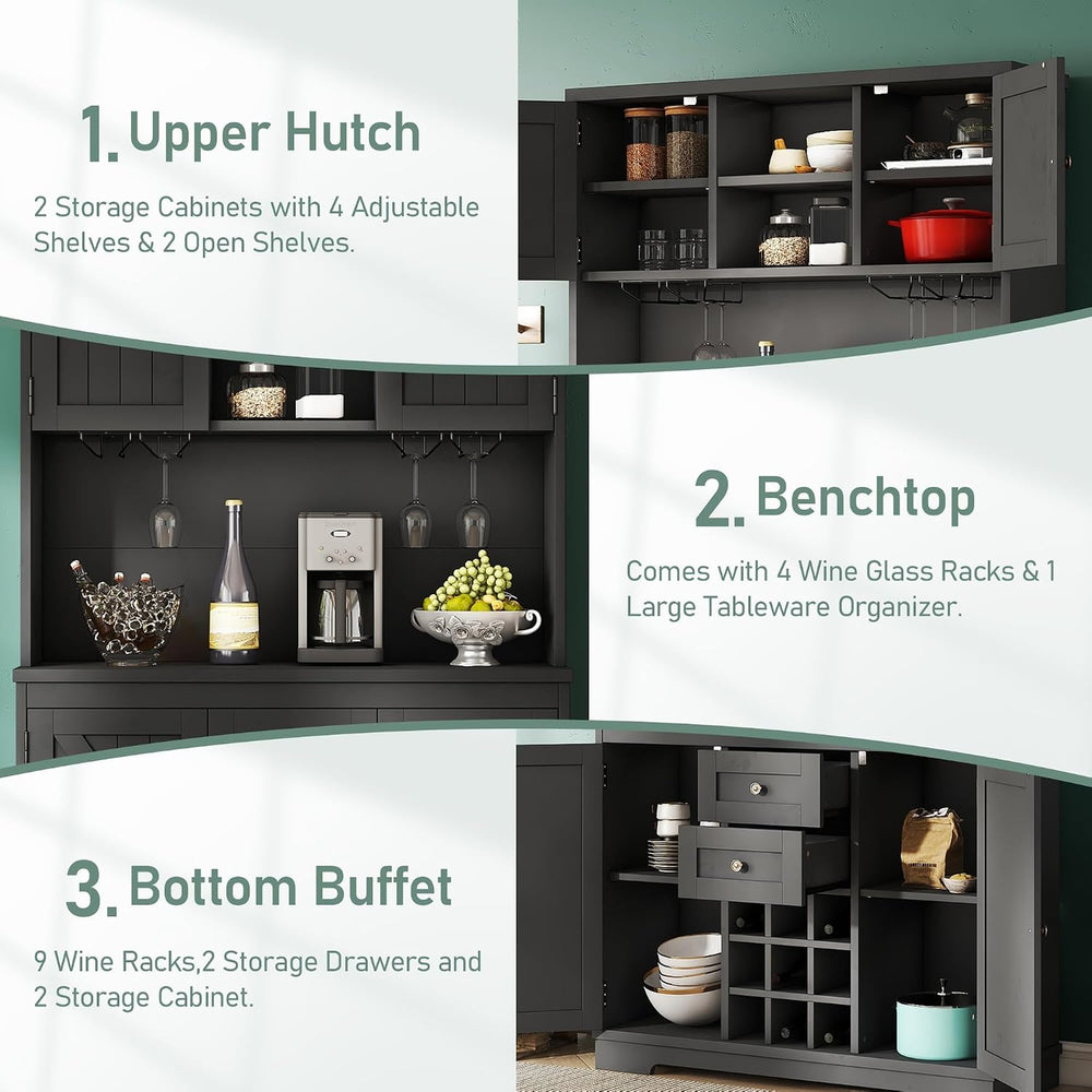 Farmhouse Kitchen Buffet Cabinet with Storage, Black Food Pantry Organizer wi...