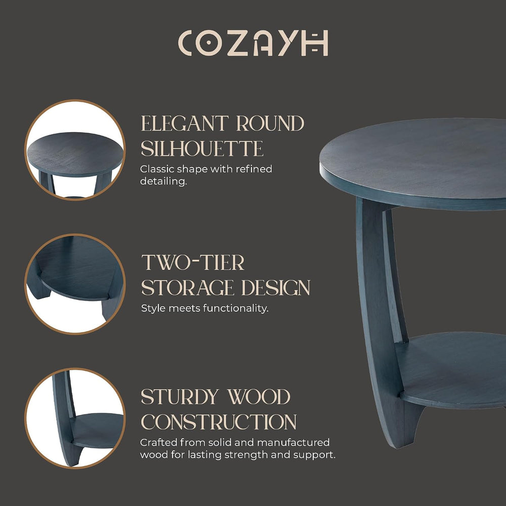 COZAYH End Table - Rustic Farmhouse Round Accent - Storage Shelf Blue