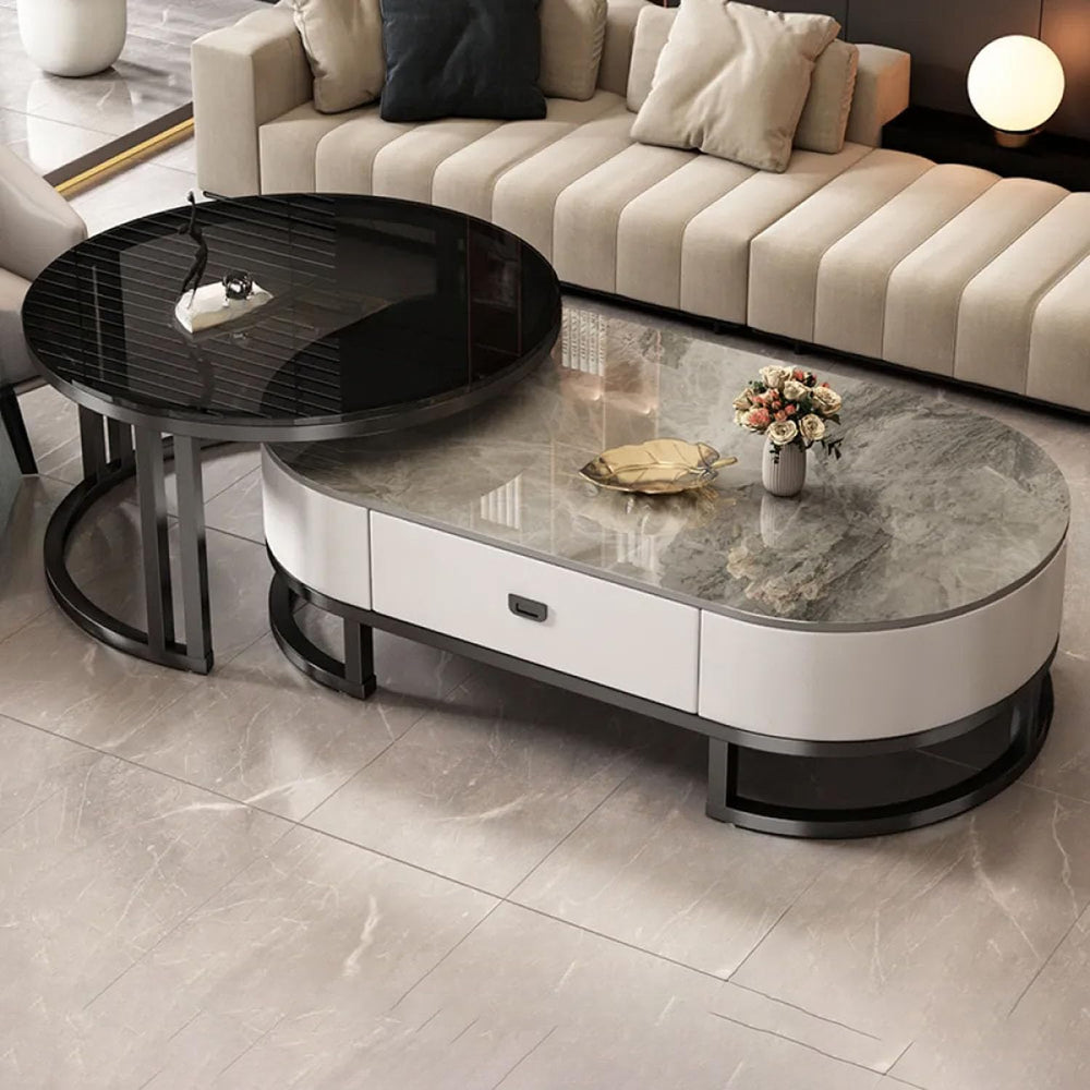 Oval Stone Nesting Coffee Table Set of 2 for Living Room,Modern Steel Frame N...