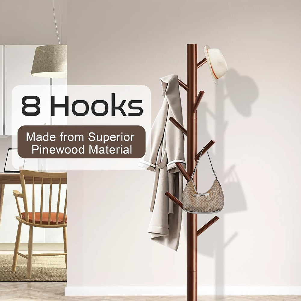 Wooden Coat Rack Stand, Freestanding Coat Rack with 8 Hooks, 3 Adjustable Siz...