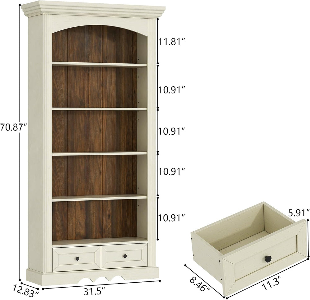 Gyfimoie 71’’ Tall Arched Bookcase with Stroage, Farmhouse 5-Tier Arch Booksh...