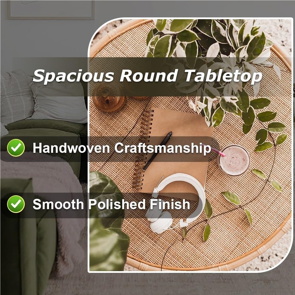 Natural Thick Rattan Coffee Table, Hand-Woven Living Room Furniture, Sturdy S...
