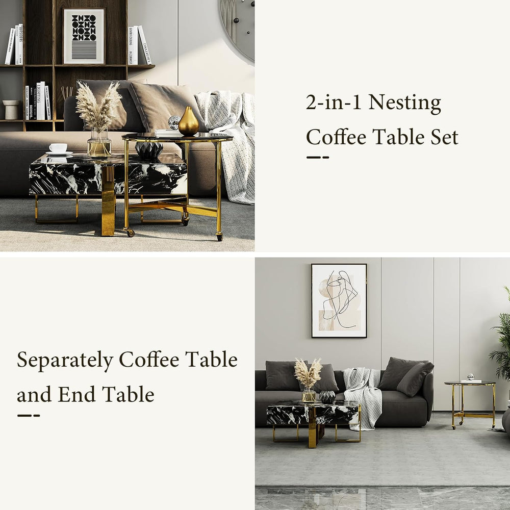 Black Square Coffee Table and Round End Table, Nesting Coffee Table Set of 2,...